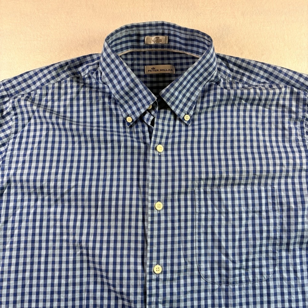 Peter Millar Button Down Shirt Mens Large Blue Gingham Check 100% Cotton Casual